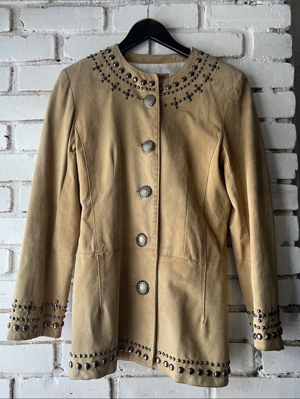 Stud-Trim Tan Suede Jacket metal detailed slim fit suede coat